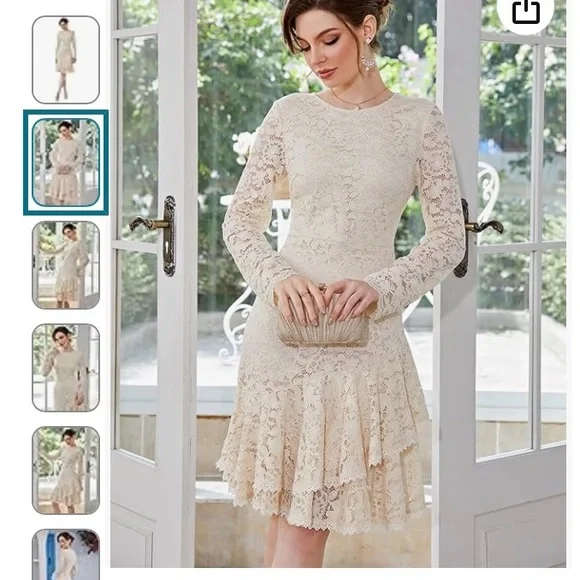 🌹2X HOST PICK🌹TICOSA BEIGE LACE DRESS WITH RUFFLE LAYERED LACE HEM/SZ L - Picture 2 of 14